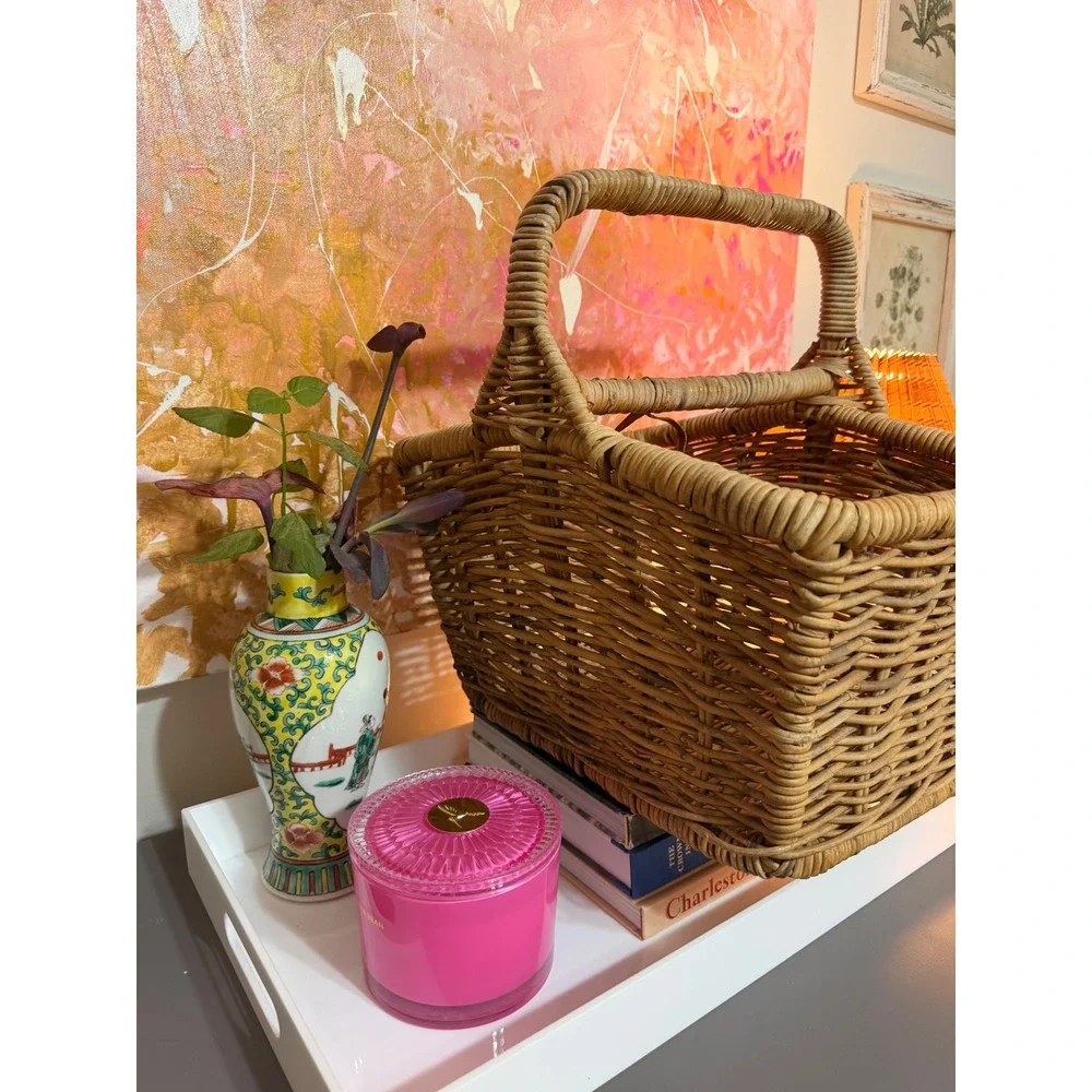 Handmade Wicker magazine Basket Tan Vintage Rustic Woven Rattan Storage Caddy